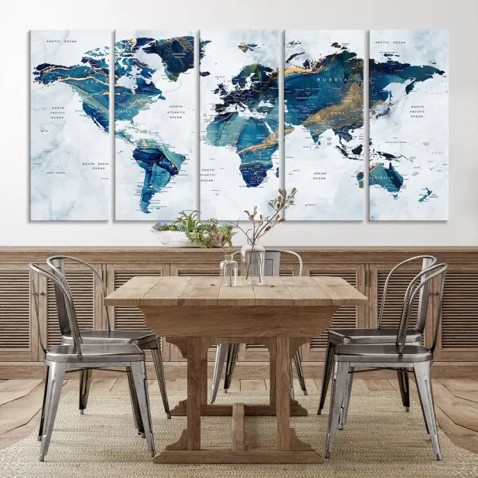 The Blue Marble Style World Map Wall Art Canvas Print, featuring three panels in blue tones, is displayed prominently.