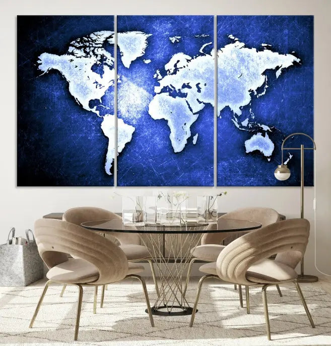 The living room features the Blue Metallic World Map Wall Art Canvas Print on a blue background, showcasing museum-quality canvases with a UV-protective coating, enhancing the modern decor.