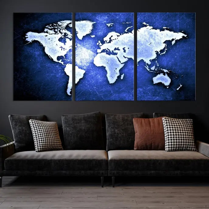 The living room features the Blue Metallic World Map Wall Art Canvas Print on a blue background, showcasing museum-quality canvases with a UV-protective coating, enhancing the modern decor.