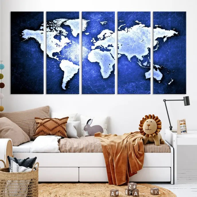 The living room features the Blue Metallic World Map Wall Art Canvas Print on a blue background, showcasing museum-quality canvases with a UV-protective coating, enhancing the modern decor.