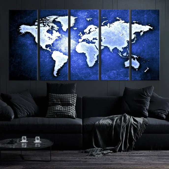 The living room features the Blue Metallic World Map Wall Art Canvas Print on a blue background, showcasing museum-quality canvases with a UV-protective coating, enhancing the modern decor.