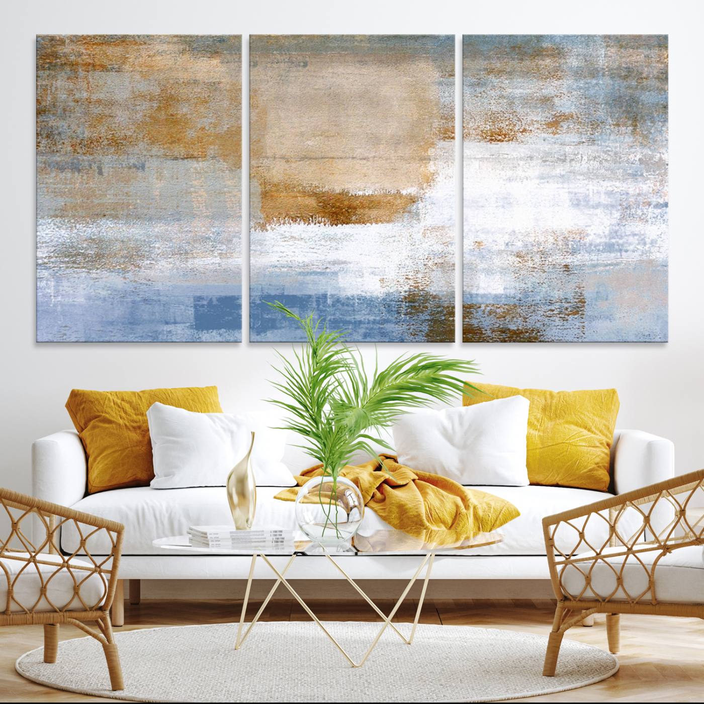 72354-MGV-CV-36X24-Blue Multi Panel Abstract Wall Art Canvas, Abstract Blue and Gold Canvas Print