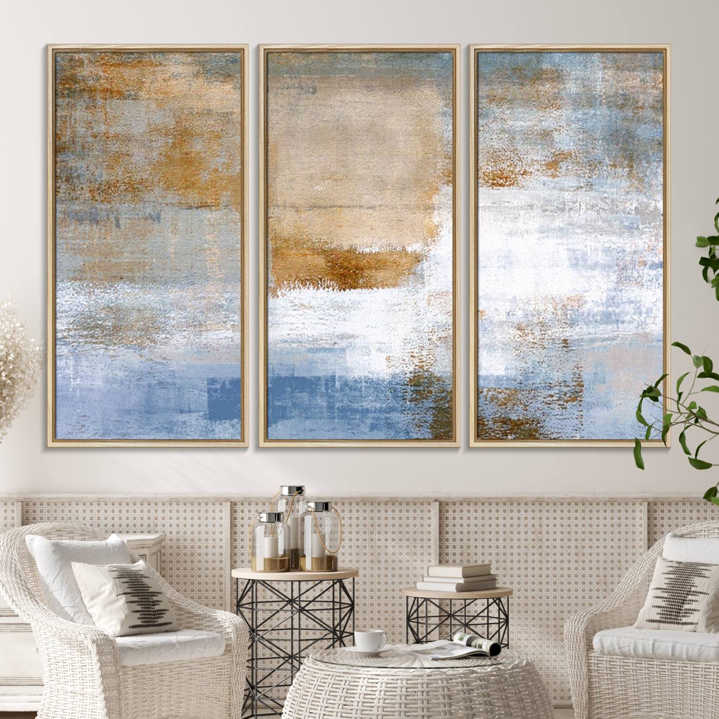 72354-MGV-CV-36X24-Blue Multi Panel Abstract Wall Art Canvas, Abstract Blue and Gold Canvas Print