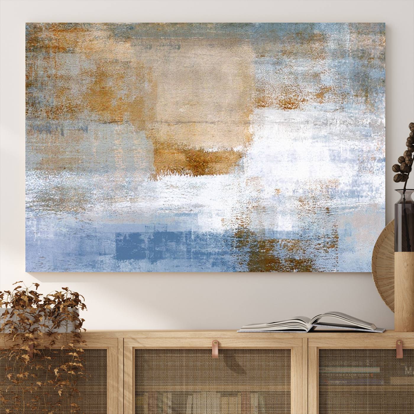 72354-MGV-CV-36X24-Blue Multi Panel Abstract Wall Art Canvas, Abstract Blue and Gold Canvas Print