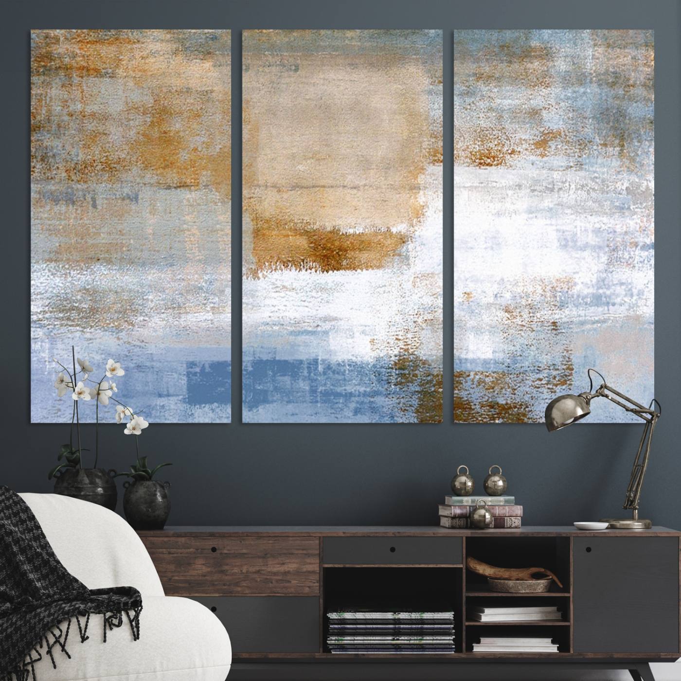 72354-MGV-CV-48X32-3P-Blue Multi Panel Abstract Wall Art Canvas, Abstract Blue and Gold Canvas Print