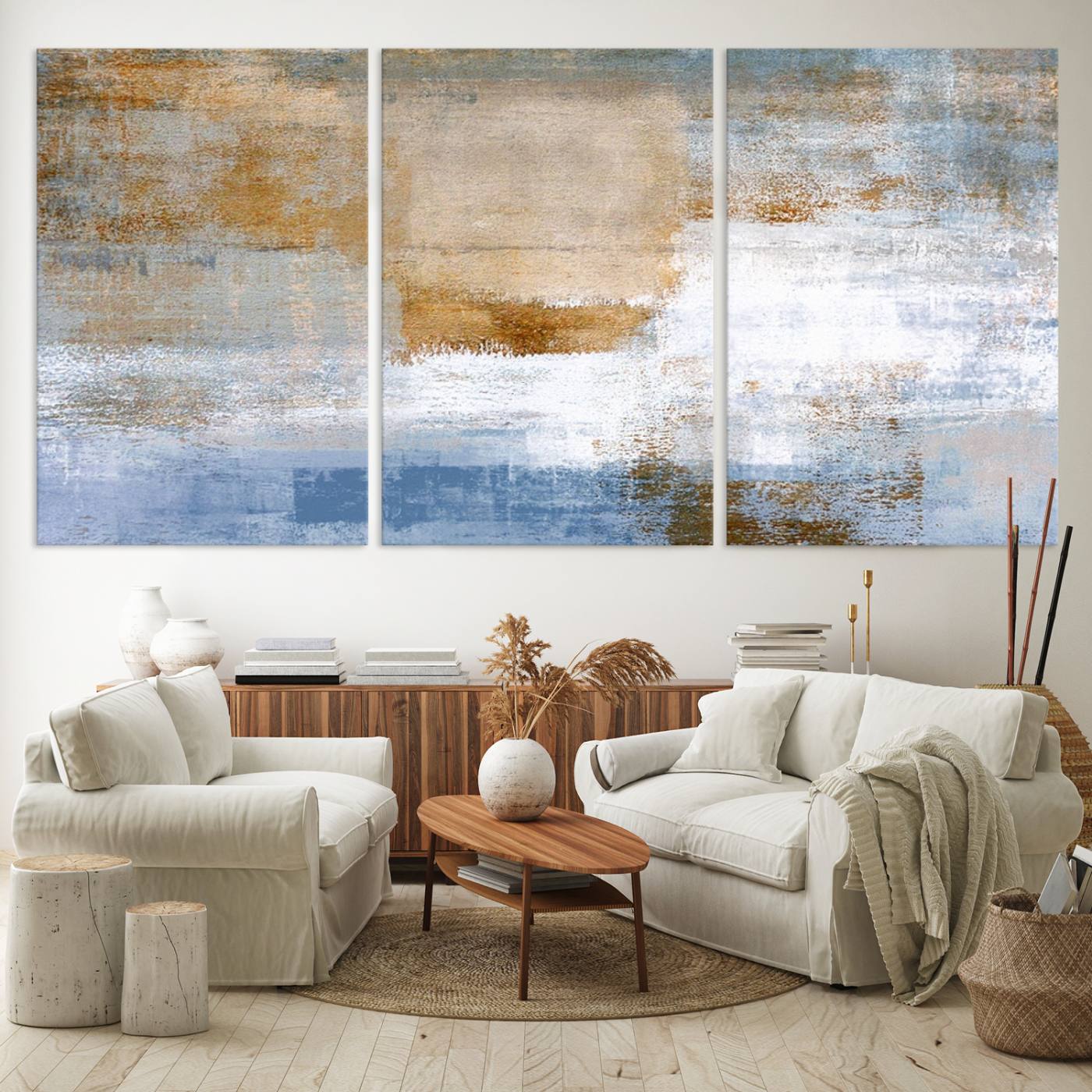 72354-MGV-CV-60X30-3P-Blue Multi Panel Abstract Wall Art Canvas, Abstract Blue and Gold Canvas Print