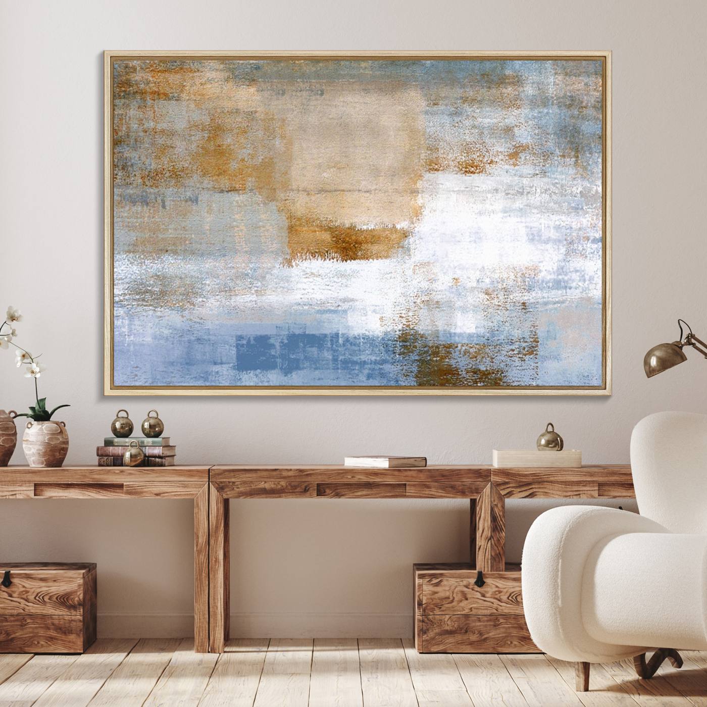 72354-MGV-FC-36X24_Natural-Blue Multi Panel Abstract Wall Art Canvas, Abstract Blue and Gold Canvas Print