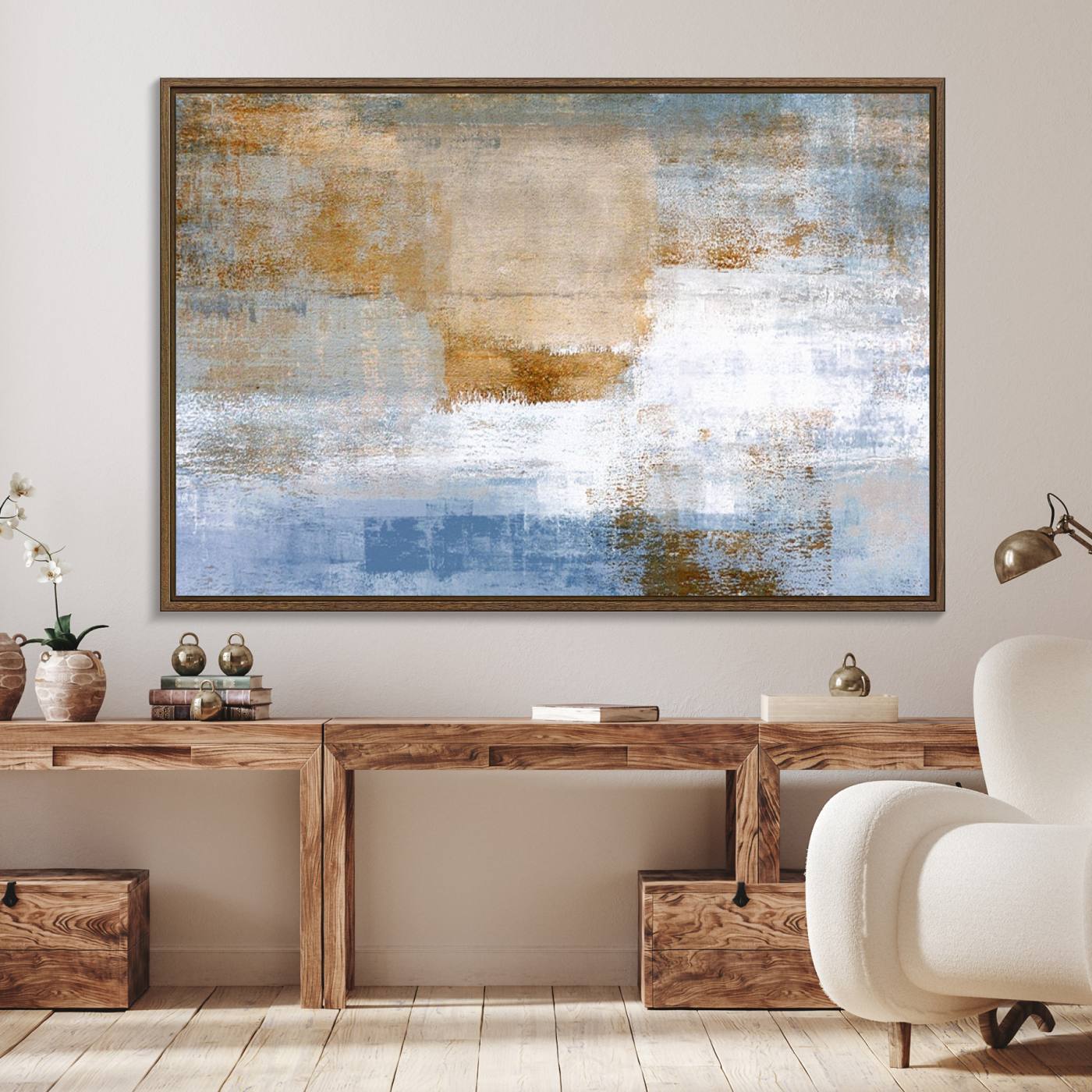 72354-MGV-FC-36X24_Walnut-Blue Multi Panel Abstract Wall Art Canvas, Abstract Blue and Gold Canvas Print