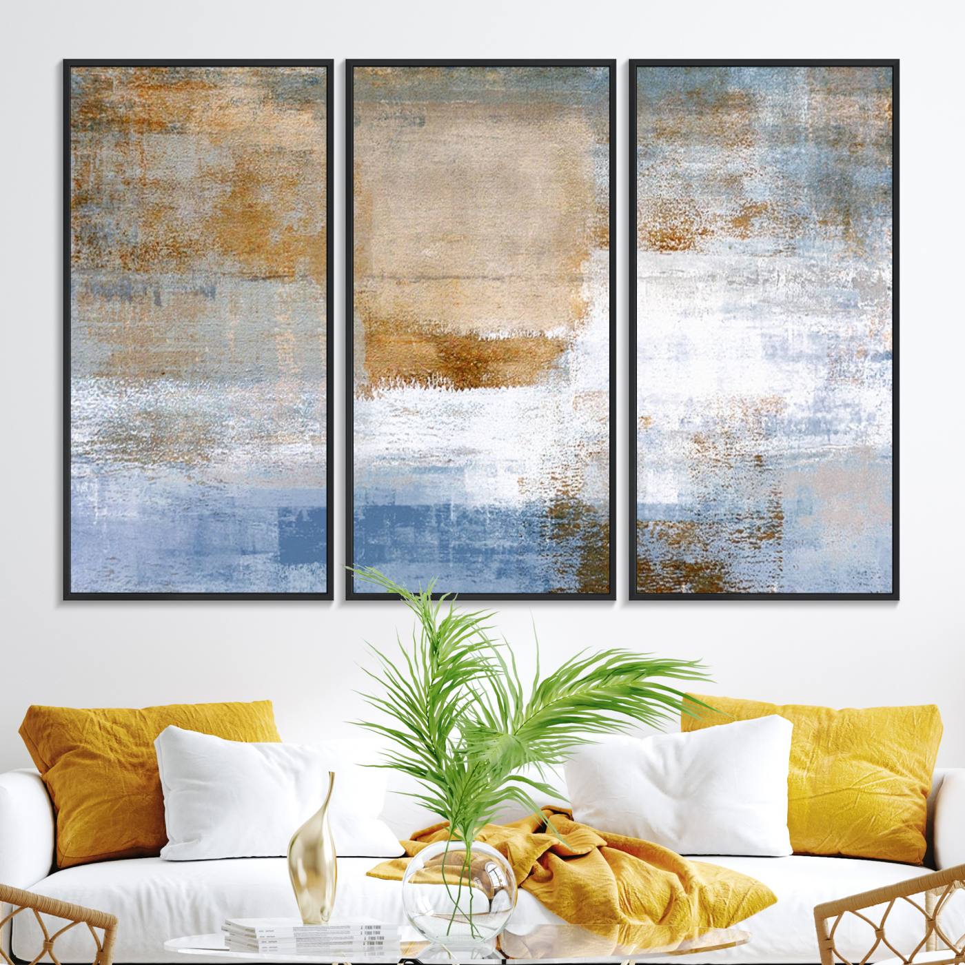72354-MGV-FC-48X32-3P_Black-Blue Multi Panel Abstract Wall Art Canvas, Abstract Blue and Gold Canvas Print