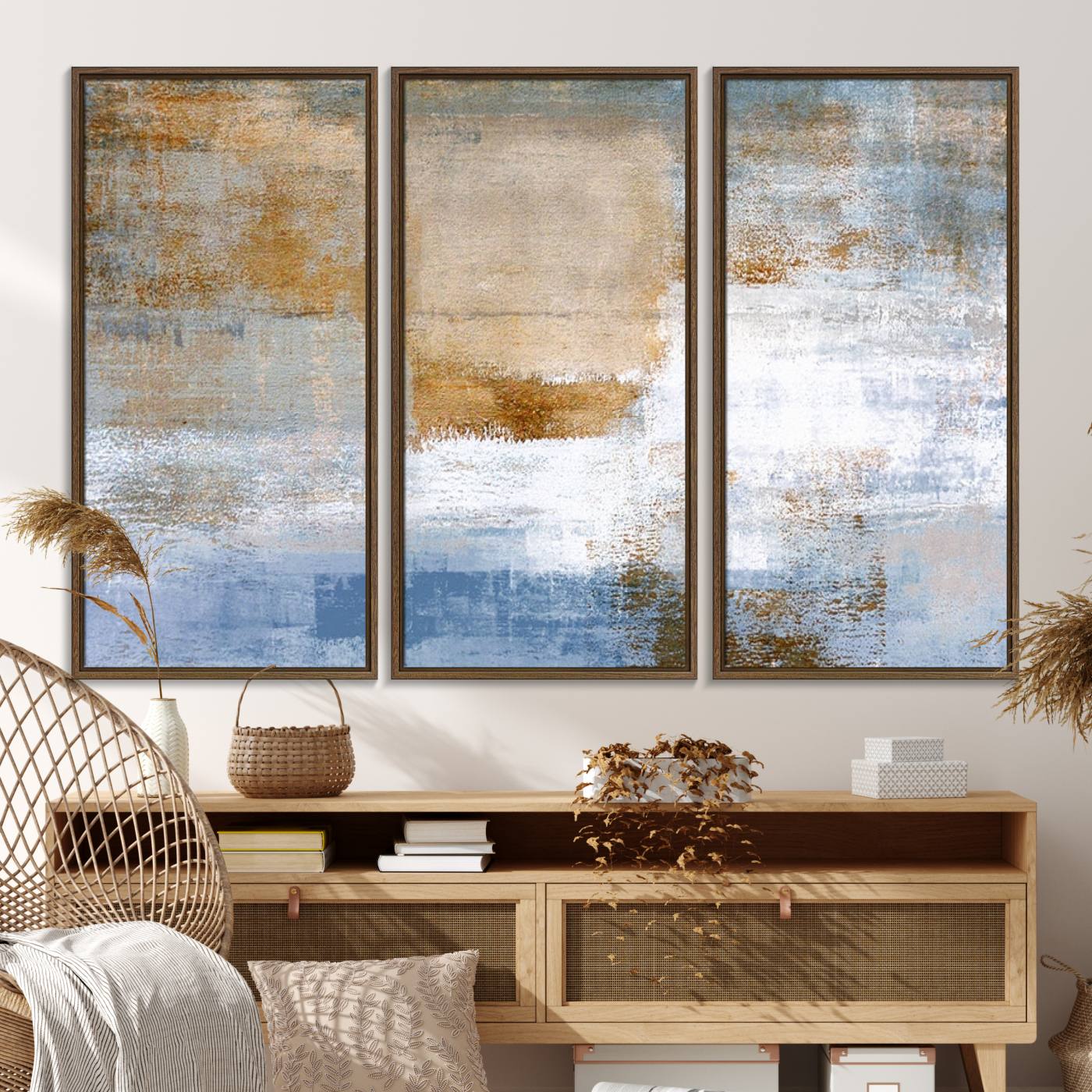 72354-MGV-FC-48X32-3P_Walnut-Blue Multi Panel Abstract Wall Art Canvas, Abstract Blue and Gold Canvas Print