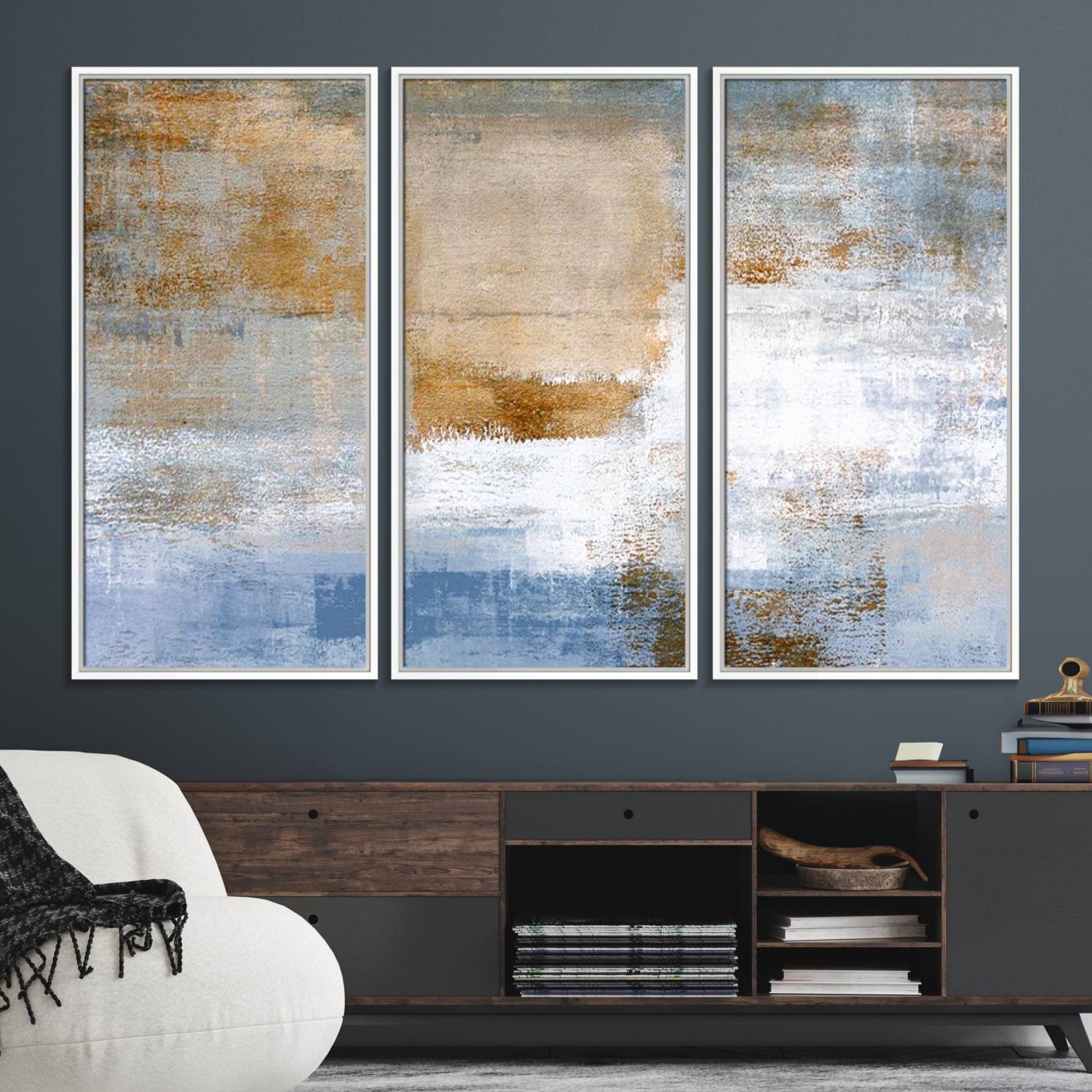 72354-MGV-FC-48X32-3P_White-Blue Multi Panel Abstract Wall Art Canvas, Abstract Blue and Gold Canvas Print