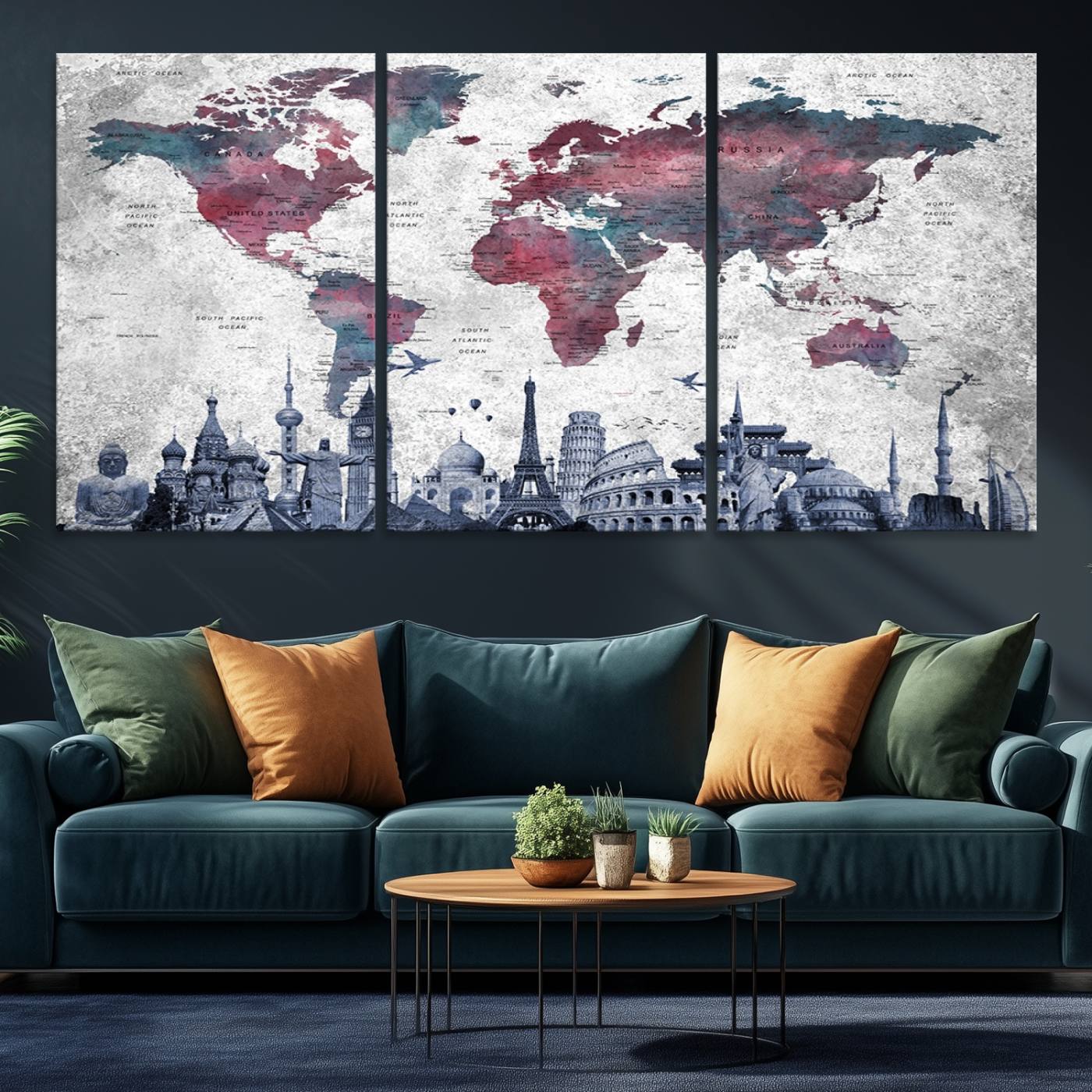 42515-MGV-CV-36X24-Blue Multipanel World Map Wall Art Canvas Print