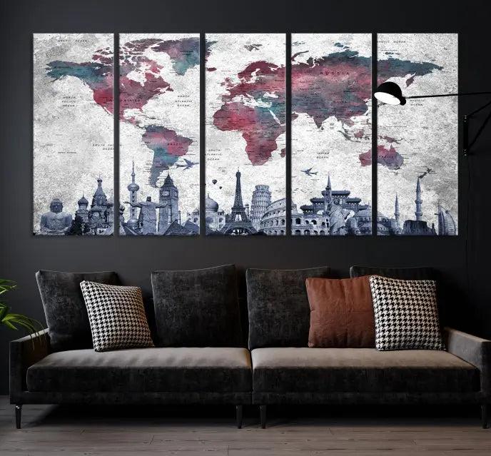 The Blue Multipanel World Map Wall Art Canvas Print, featuring famous landmarks, is crafted on museum-quality canvases with a UV-protective coating to ensure longevity and vibrancy.