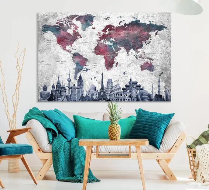 The Blue Multipanel World Map Wall Art Canvas Print, featuring famous landmarks, is crafted on museum-quality canvases with a UV-protective coating to ensure longevity and vibrancy.