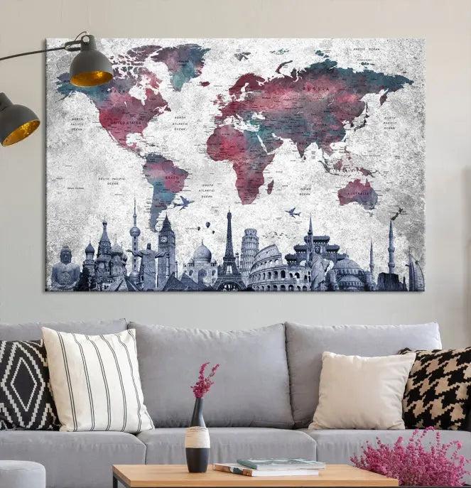 The Blue Multipanel World Map Wall Art Canvas Print, featuring famous landmarks, is crafted on museum-quality canvases with a UV-protective coating to ensure longevity and vibrancy.