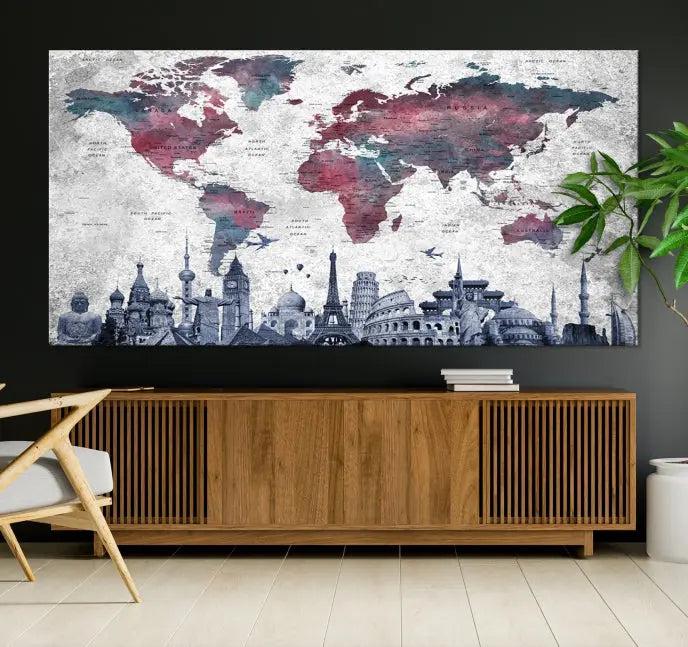 Blue Multipanel World Map Wall Art Canvas Print 