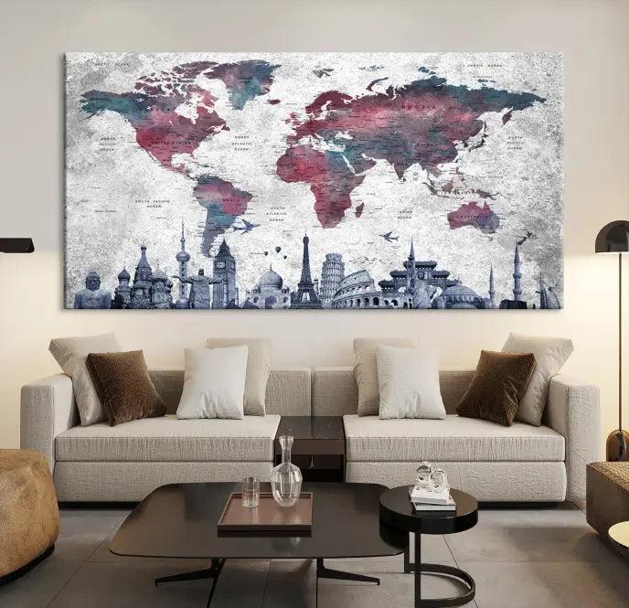 Blue Multipanel World Map Wall Art Canvas Print 