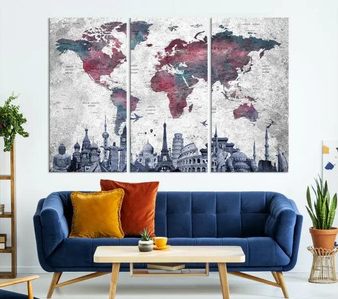 Blue Multipanel World Map Wall Art Canvas Print 