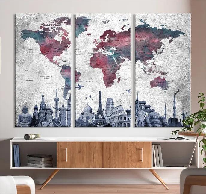 Blue Multipanel World Map Wall Art Canvas Print 