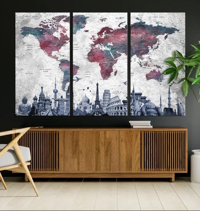 Blue Multipanel World Map Wall Art Canvas Print 