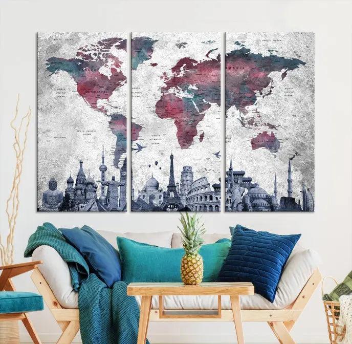 Blue Multipanel World Map Wall Art Canvas Print 