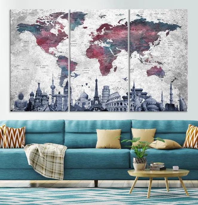 Blue Multipanel World Map Wall Art Canvas Print 