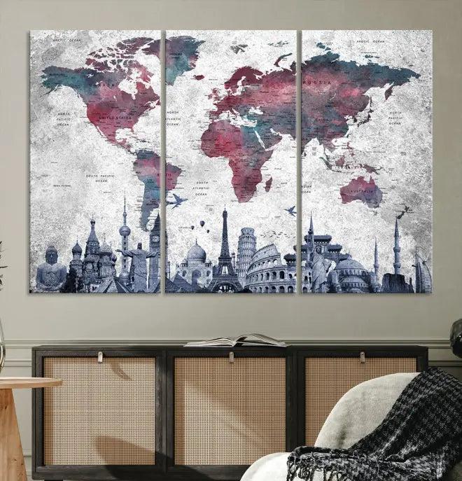 Blue Multipanel World Map Wall Art Canvas Print 