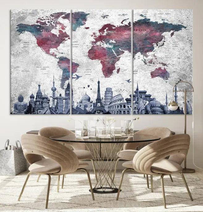 The Blue Multipanel World Map Wall Art Canvas Print, featuring famous landmarks, is crafted on museum-quality canvases with a UV-protective coating to ensure longevity and vibrancy.