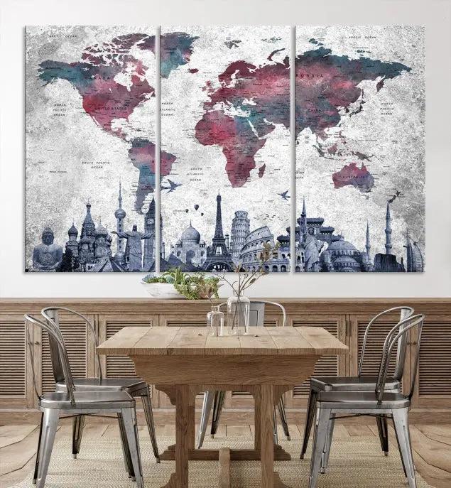 The Blue Multipanel World Map Wall Art Canvas Print, featuring famous landmarks, is crafted on museum-quality canvases with a UV-protective coating to ensure longevity and vibrancy.