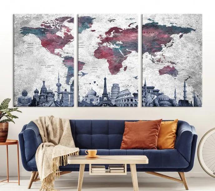 The Blue Multipanel World Map Wall Art Canvas Print, featuring famous landmarks, is crafted on museum-quality canvases with a UV-protective coating to ensure longevity and vibrancy.