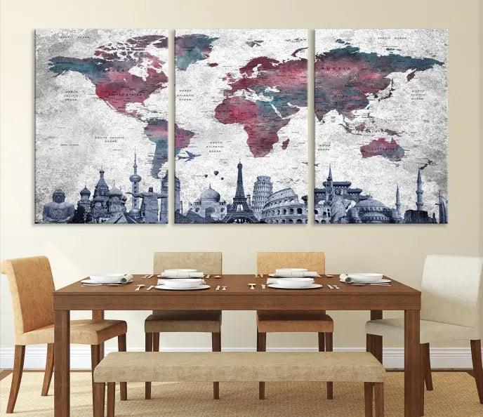 The Blue Multipanel World Map Wall Art Canvas Print, featuring famous landmarks, is crafted on museum-quality canvases with a UV-protective coating to ensure longevity and vibrancy.