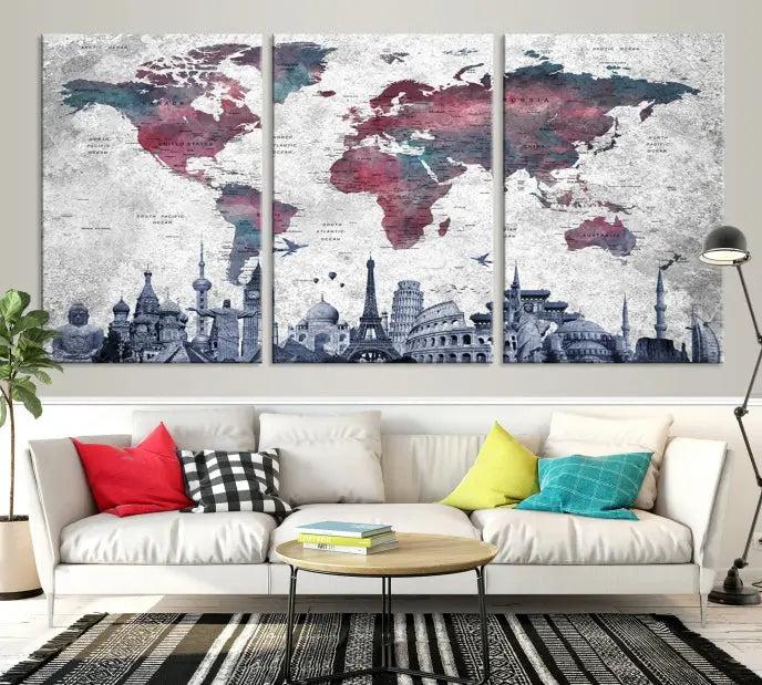 The Blue Multipanel World Map Wall Art Canvas Print, featuring famous landmarks, is crafted on museum-quality canvases with a UV-protective coating to ensure longevity and vibrancy.