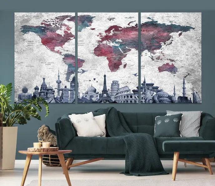 The Blue Multipanel World Map Wall Art Canvas Print, featuring famous landmarks, is crafted on museum-quality canvases with a UV-protective coating to ensure longevity and vibrancy.