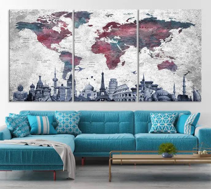 The Blue Multipanel World Map Wall Art Canvas Print, featuring famous landmarks, is crafted on museum-quality canvases with a UV-protective coating to ensure longevity and vibrancy.