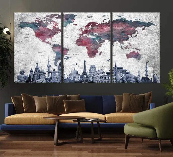 The Blue Multipanel World Map Wall Art Canvas Print, featuring famous landmarks, is crafted on museum-quality canvases with a UV-protective coating to ensure longevity and vibrancy.