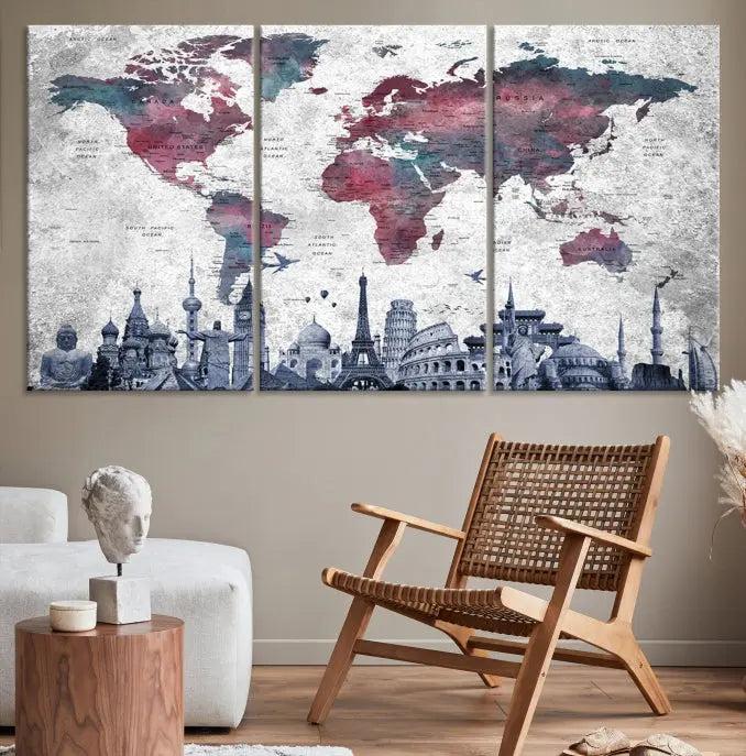 The Blue Multipanel World Map Wall Art Canvas Print, featuring famous landmarks, is crafted on museum-quality canvases with a UV-protective coating to ensure longevity and vibrancy.