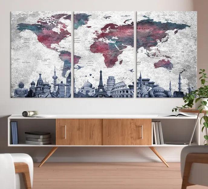 The Blue Multipanel World Map Wall Art Canvas Print, featuring famous landmarks, is crafted on museum-quality canvases with a UV-protective coating to ensure longevity and vibrancy.