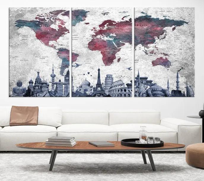 The Blue Multipanel World Map Wall Art Canvas Print, featuring famous landmarks, is crafted on museum-quality canvases with a UV-protective coating to ensure longevity and vibrancy.