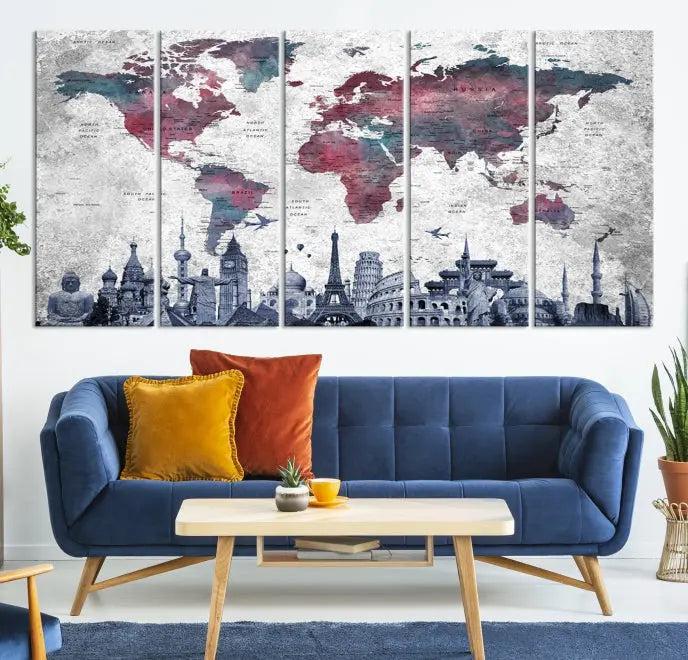 Blue Multipanel World Map Wall Art Canvas Print 