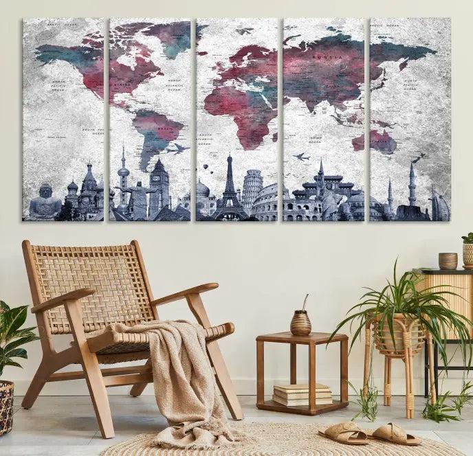 Blue Multipanel World Map Wall Art Canvas Print 