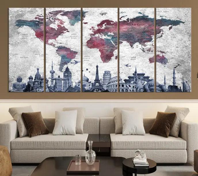 Blue Multipanel World Map Wall Art Canvas Print 