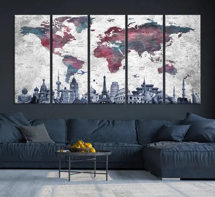 The Blue Multipanel World Map Wall Art Canvas Print, featuring famous landmarks, is crafted on museum-quality canvases with a UV-protective coating to ensure longevity and vibrancy.