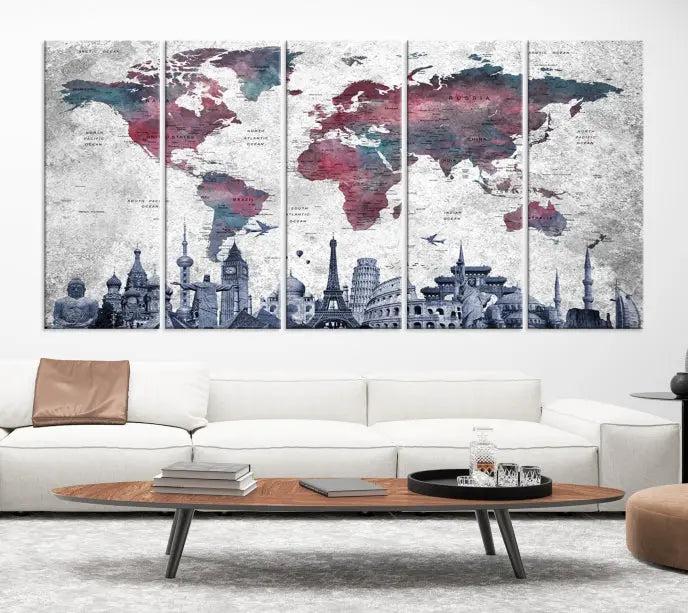 The Blue Multipanel World Map Wall Art Canvas Print, featuring famous landmarks, is crafted on museum-quality canvases with a UV-protective coating to ensure longevity and vibrancy.