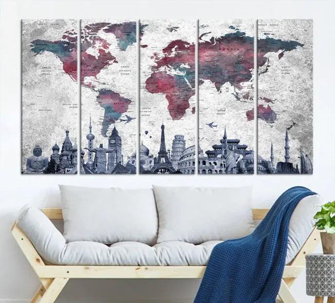 The Blue Multipanel World Map Wall Art Canvas Print, featuring famous landmarks, is crafted on museum-quality canvases with a UV-protective coating to ensure longevity and vibrancy.