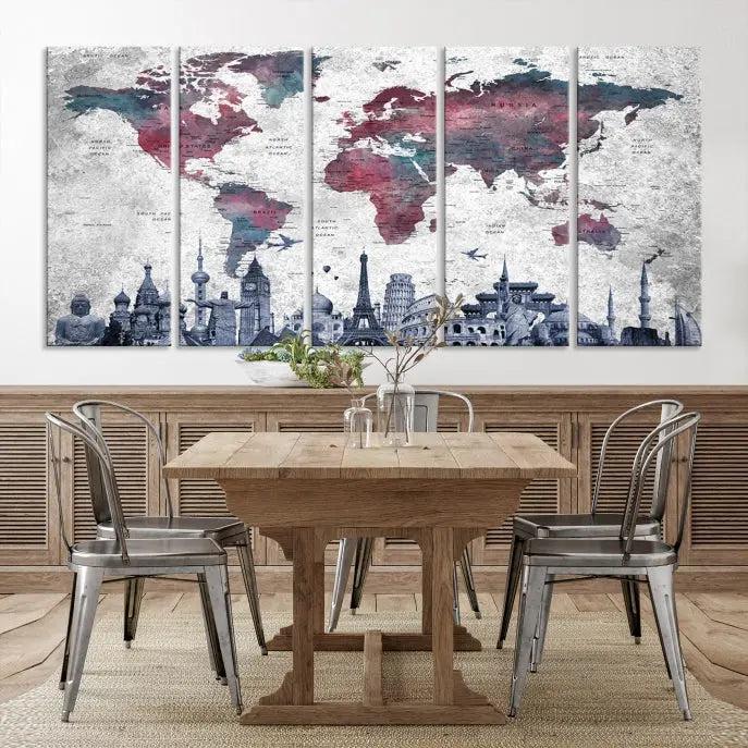 The Blue Multipanel World Map Wall Art Canvas Print, featuring famous landmarks, is crafted on museum-quality canvases with a UV-protective coating to ensure longevity and vibrancy.