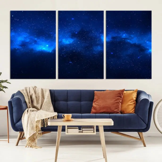 The Blue Nebula Clouds Wall Art Night Sky Stars Canvas Print features a gallery-worthy depiction of a starry night sky. This exquisite canvas artwork brings an exceptional touch to any room, all with the advantage of free shipping.