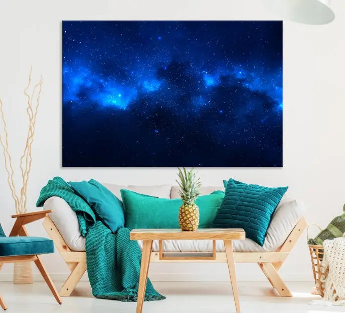 The Blue Nebula Clouds Wall Art Night Sky Stars Canvas Print features a gallery-worthy depiction of a starry night sky. This exquisite canvas artwork brings an exceptional touch to any room, all with the advantage of free shipping.