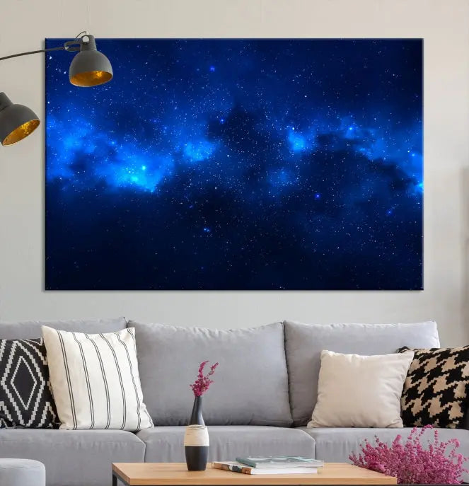 The Blue Nebula Clouds Wall Art Night Sky Stars Canvas Print features a gallery-worthy depiction of a starry night sky. This exquisite canvas artwork brings an exceptional touch to any room, all with the advantage of free shipping.