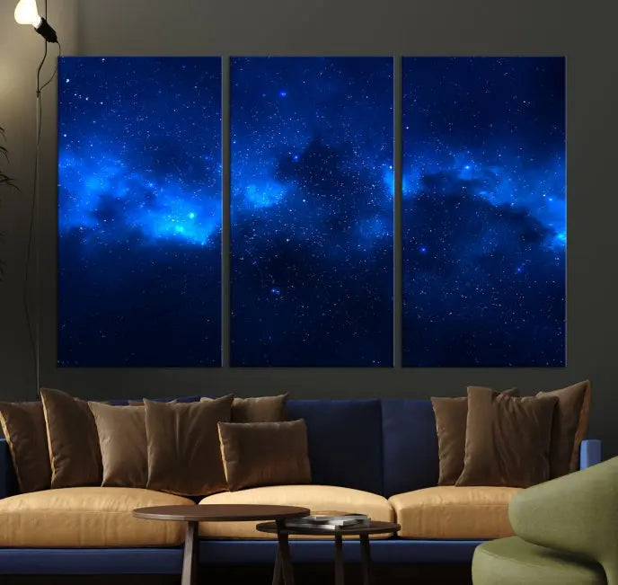 The Blue Nebula Clouds Wall Art Night Sky Stars Canvas Print features a gallery-worthy depiction of a starry night sky. This exquisite canvas artwork brings an exceptional touch to any room, all with the advantage of free shipping.