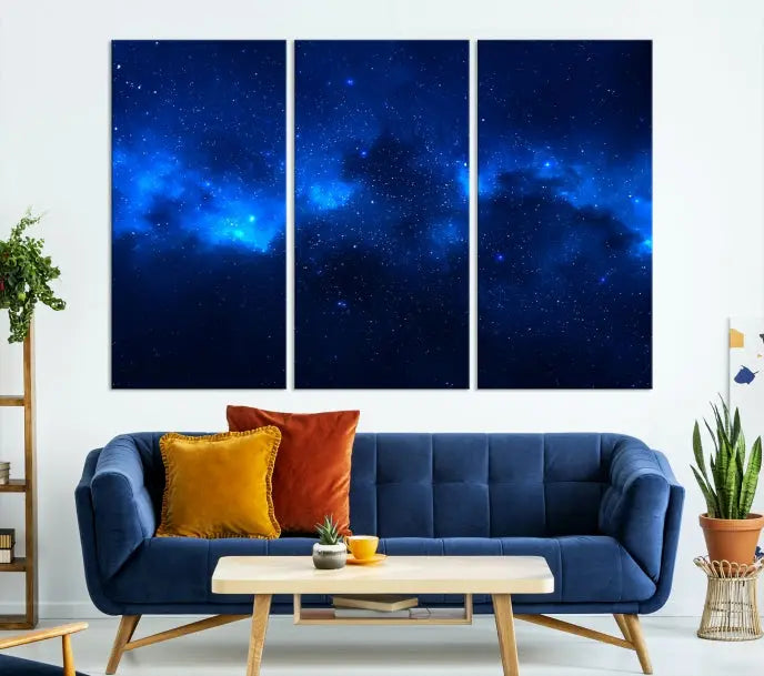 The Blue Nebula Clouds Wall Art Night Sky Stars Canvas Print features a gallery-worthy depiction of a starry night sky. This exquisite canvas artwork brings an exceptional touch to any room, all with the advantage of free shipping.